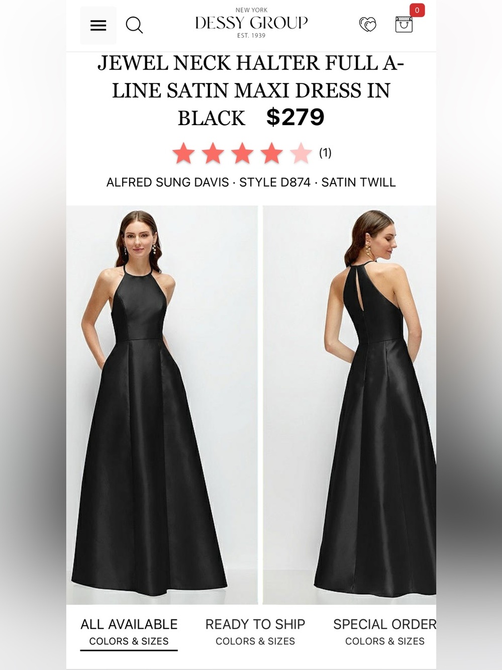 ALFRED SUNG Black Jewel Neck Halter A-Line Satin Maxi Dress